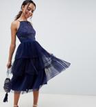 Asos Design Petite Cami Tulle Prom Dress Dress With Layered Skirt-navy