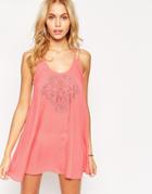 Asos Embroidered Lace Up Back Beach Dress - Light Coral