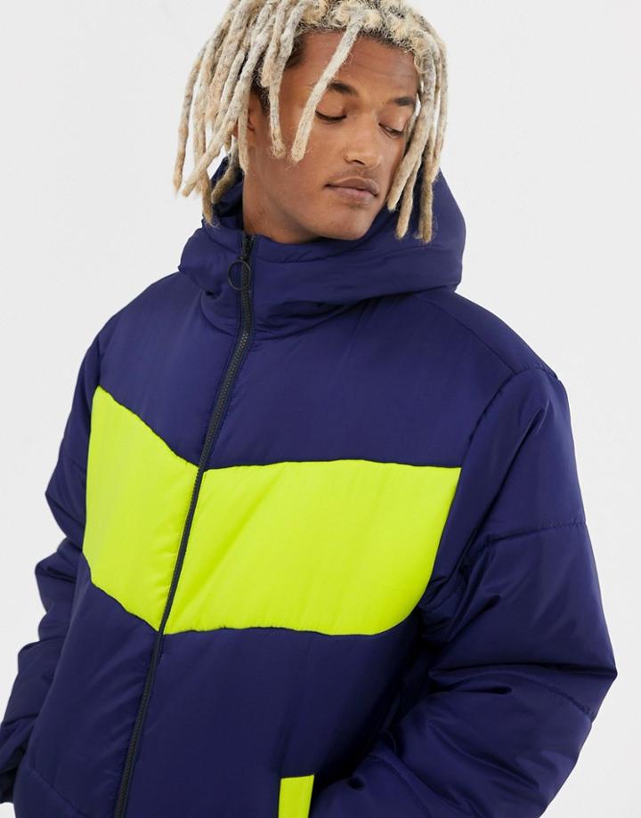 Collusion Color Blocked Puffer Jacket In Navy - Navy