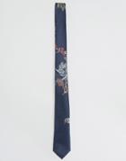 Asos Slim Tie In Floral Embroidery - Navy