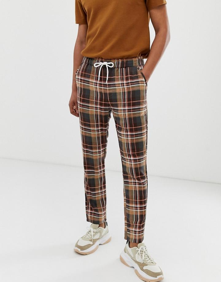 Asos Design Slim Pants With Elastic Waist In Brown Check - Brown