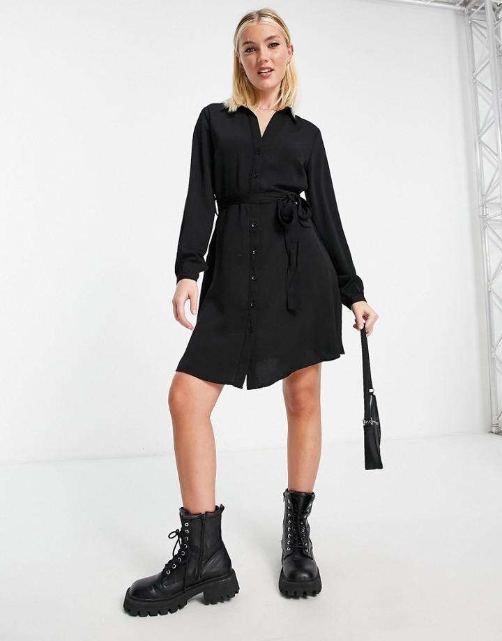 New Look Tie Waist Shirt Dress In Black