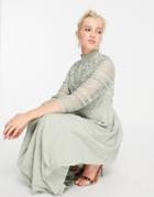 Little Mistress Lace Detail Midaxi Dress In Sage Green