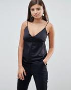 Asos Design Satin Cami With Button Up Detail-black