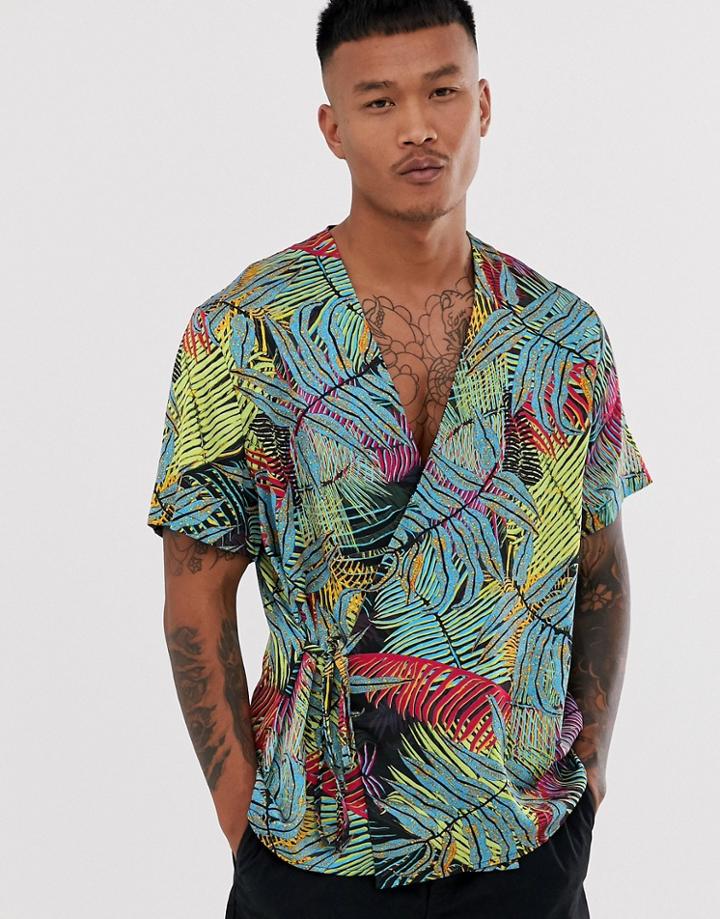 Asos Design Wrap Around Shirt In Palm Print - Black