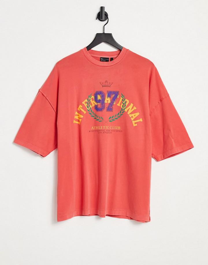 Asos Design Oversized T-shirt In Washed Red With Collegiate Print