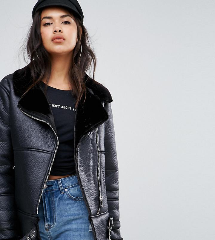 Missguided Buckle Detail Aviator Jacket - Black
