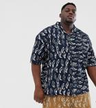 Asos White Plus Two-piece Boxy Shirt In Abstract Print Heavy Crinkle Cotton-navy