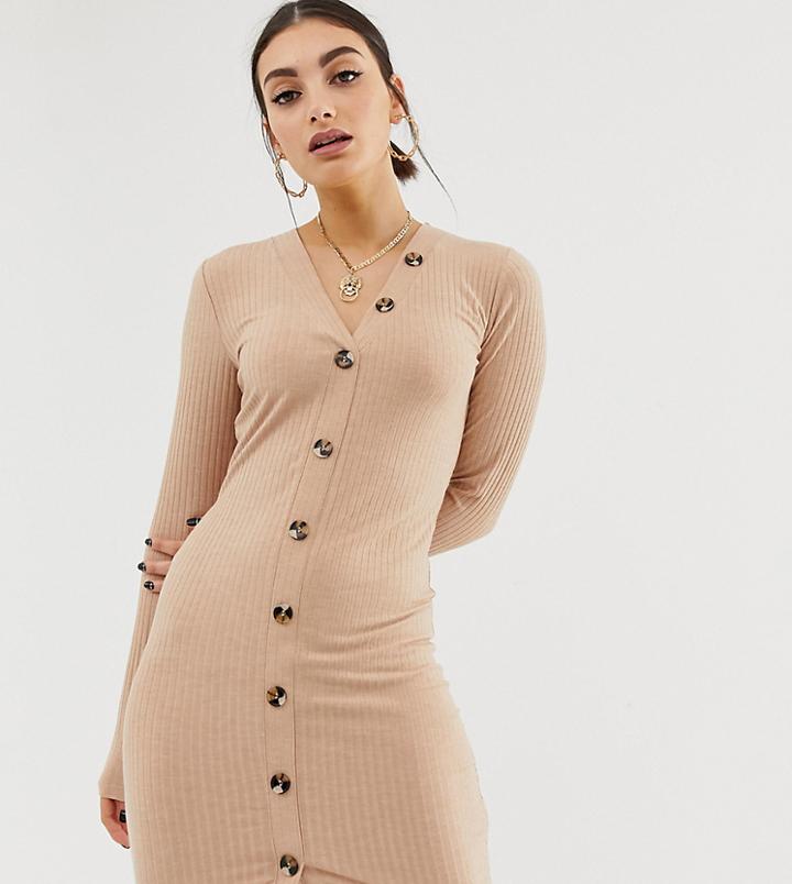 Na-kd Ribbed Dress With Button Detail In Beige