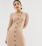 Na-kd Ribbed Dress With Button Detail In Beige