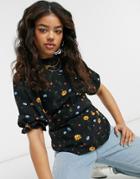 Nobody's Child High Neck Puff Sleeve Blouse In Botanical Floral-black