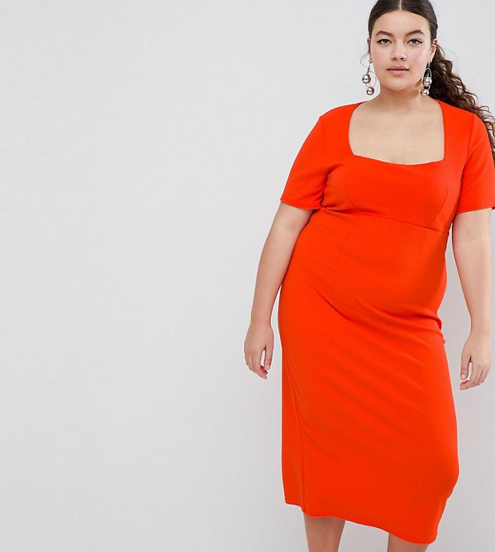 Asos Design Curve Square Neck Bodycon Midi Dress - Red