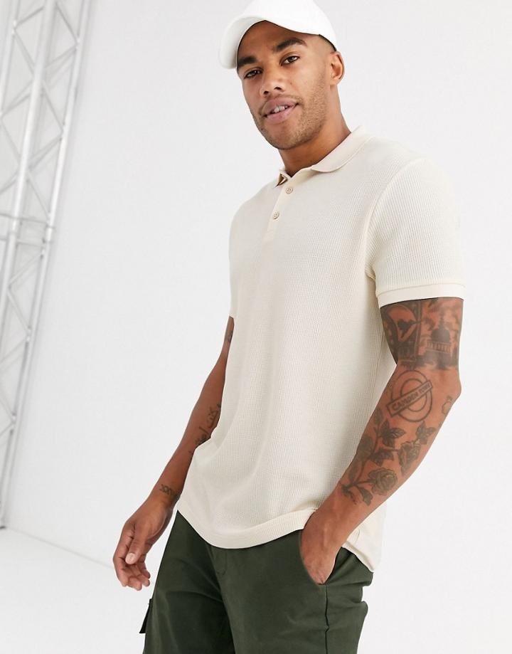 Asos Design Waffle Polo In Beige