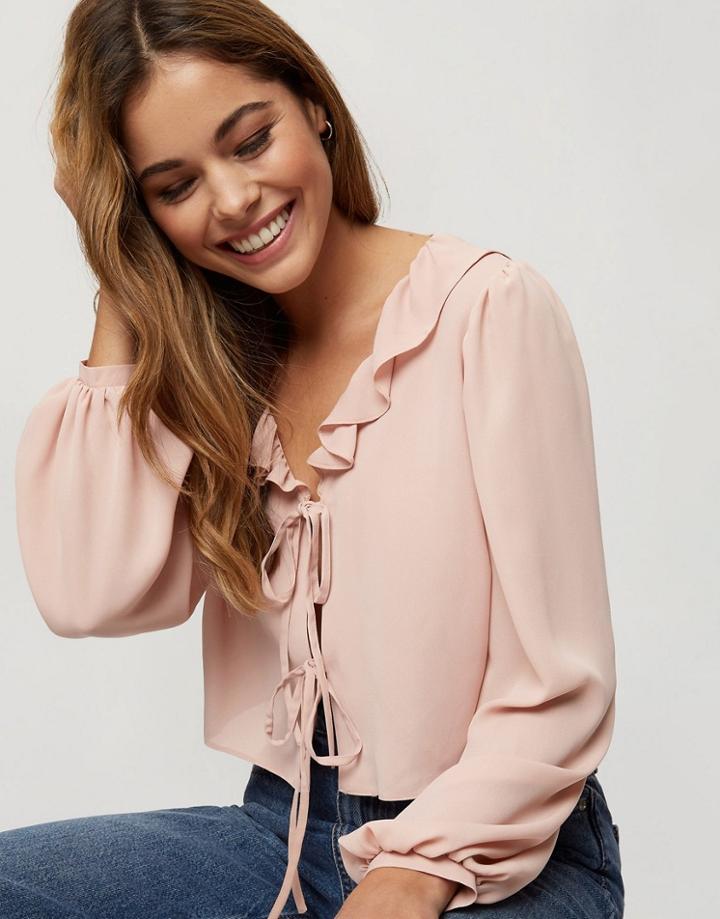 Miss Selfridge Tie Front Blouse In Blush-pink