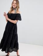 Monki Broderie Detail Bardot Senorita Midi Dress - Black