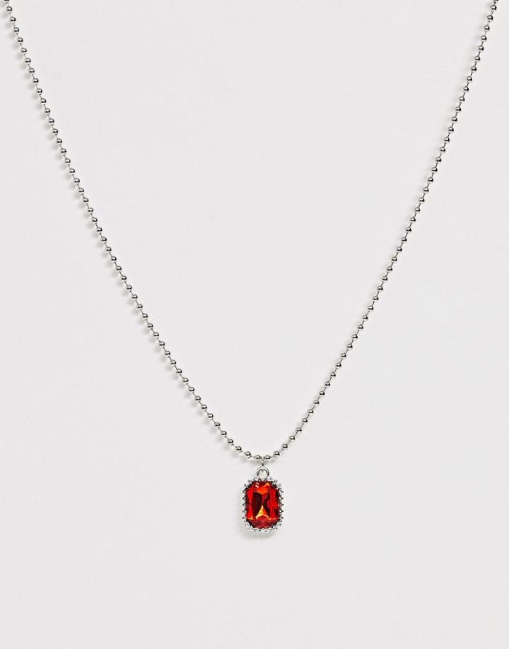 Asos Design Necklace With Red Jewel Pendant And Ball Chain In Silver Tone - Silver