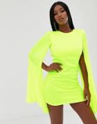 John Zack Bodycon Mini Dress With Pleated Bell Sleeve In Lime - Green