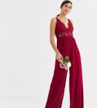 Tfnc Tall Bridesmaid Jumpsuit With Lace Inserts In Mulberry