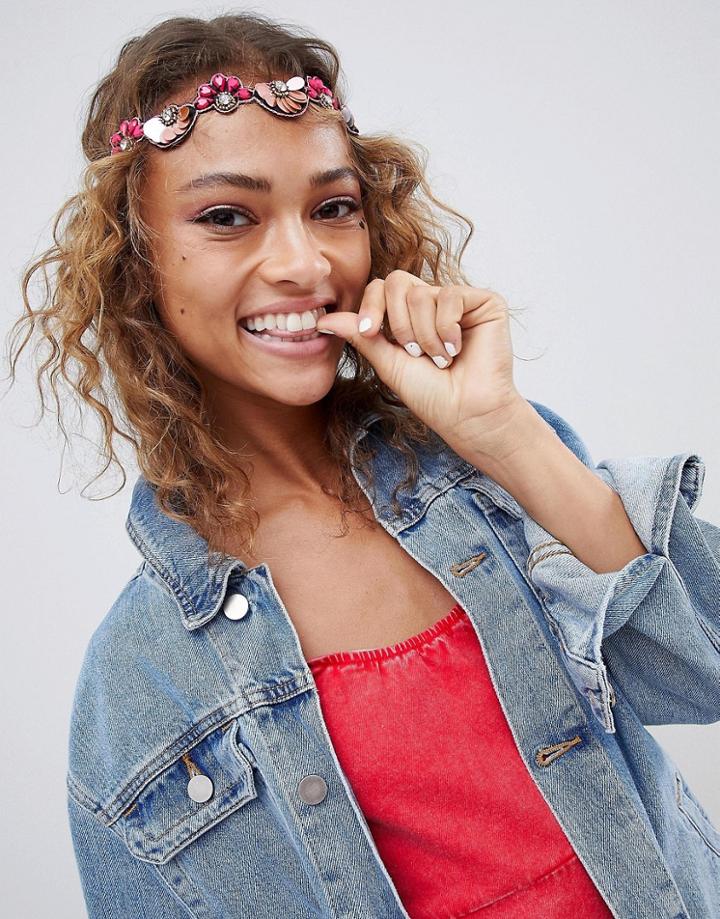 Asos Design Jewel Bead And Metallic Disc Headband - Pink