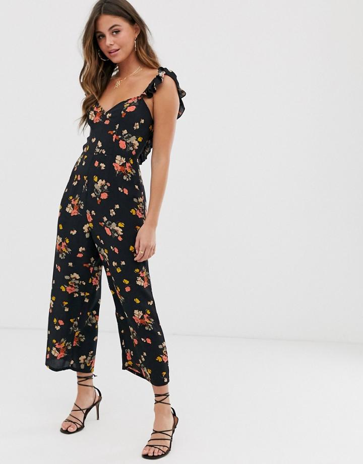 Asos Design Jumpsuit With Frill Strap And Tie Back In Dark Floral Print-multi