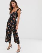 Asos Design Jumpsuit With Frill Strap And Tie Back In Dark Floral Print-multi
