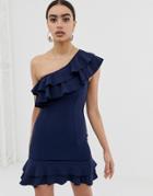 In The Style Billie Faiers One Shoulder Frill Dress - Navy