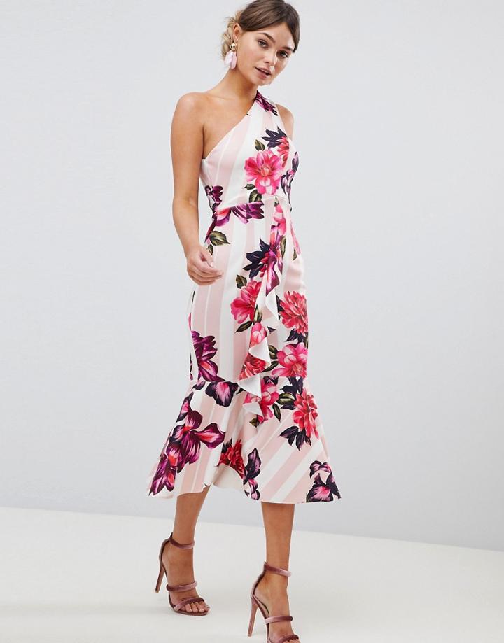 Asos Design One Shoulder Midi Dress With Floral And Stripe Print - Multi