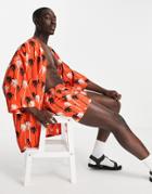 Asos Design Longline Orange Kimono With Palm Tree Print - Part Of A Set-red