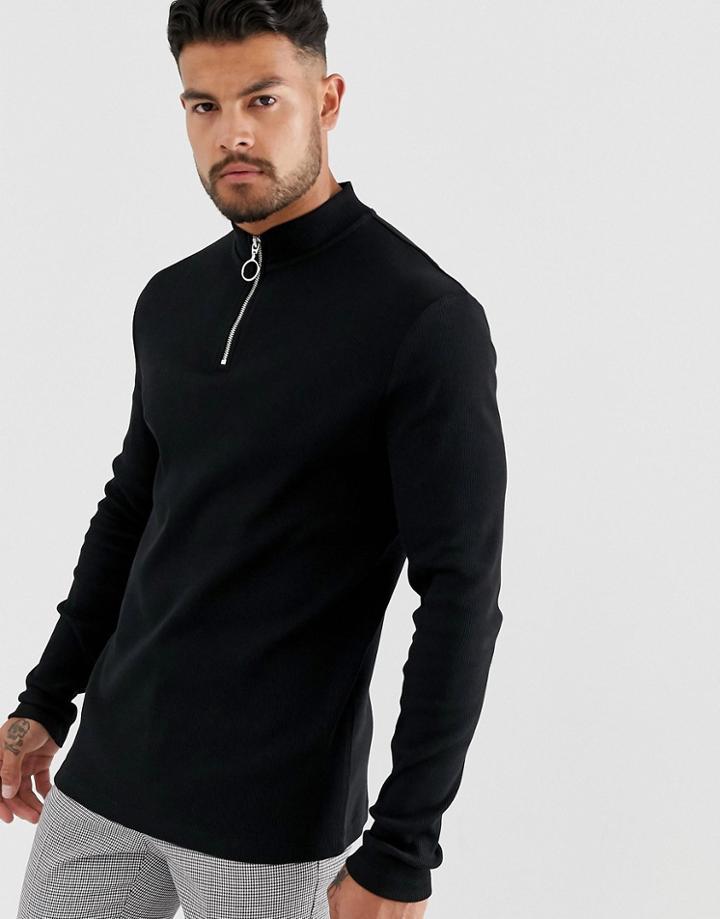 Asos Design Rib Long Sleeve T-shirt With Turtle Zip Neck In Black - Black