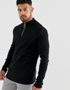 Asos Design Rib Long Sleeve T-shirt With Turtle Zip Neck In Black - Black