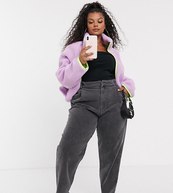 Asos Design Curve Tapered Boyfriend Jeans With D-ring Waist Detail With Curved Seams In Washed Black-green