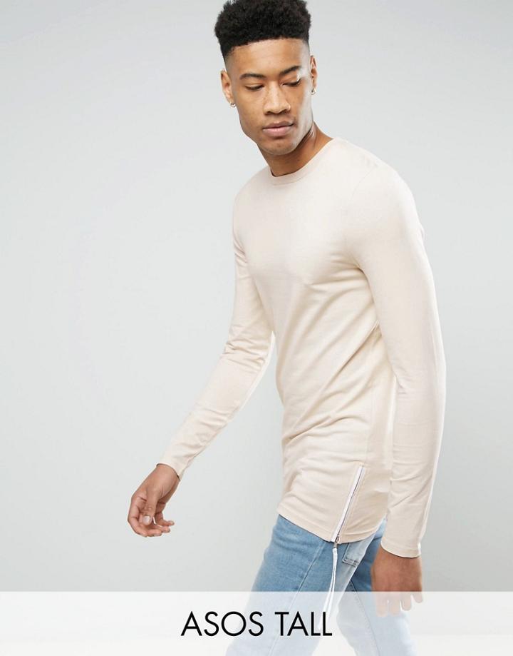 Asos Tall Longline Muscle Long Sleeve T-shirt With Side Zips - Beige