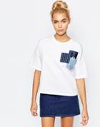Mini Cream Crop Top With Denim Pockets - White