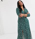 Asos Design Curve Long Sleeve Button Through Maxi Tea Dress With Splits In Ditsy Print