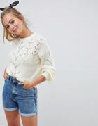 Asos Design Sweater In Fluffly With Lace Stitch - Cream