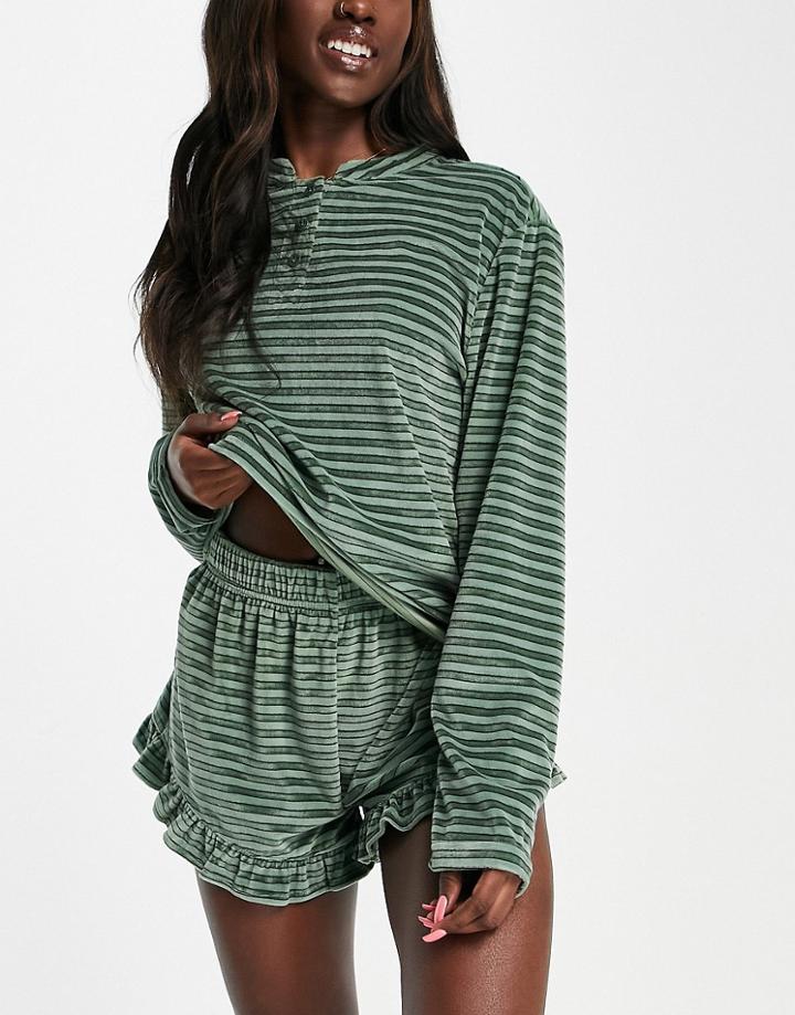 Asos Design Lounge Stripe Velour Henley Top & Short Set In Green