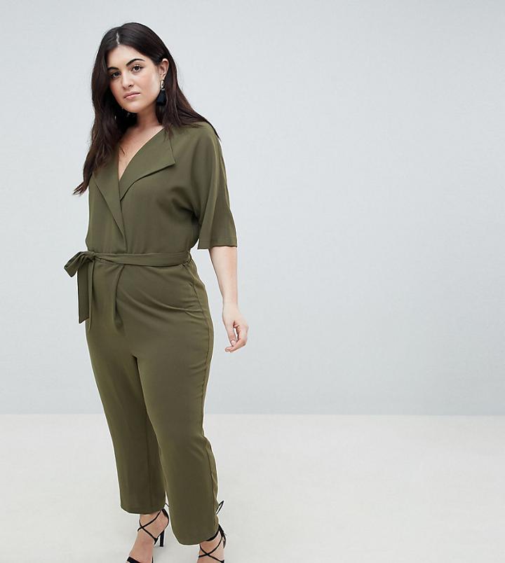 Asos Design Curve Wrap Jumpsuit With Self Belt - Green