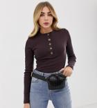 Missguided High Neck Long Sleeved Button Down Body In Chocolate - Brown