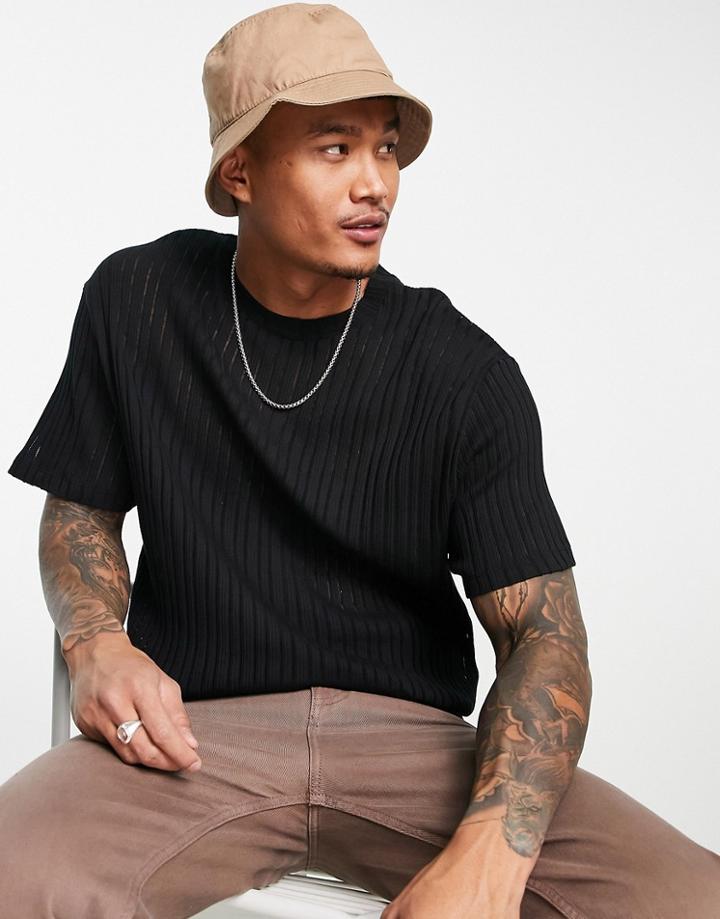 Asos Design Relaxed T-shirt In Black Burnout Rib