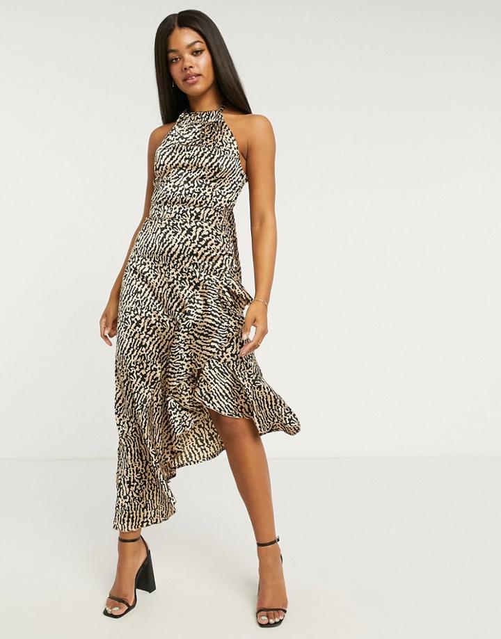 Lipsy X Abbey Clancy High Neck Asymmetric Ruffle Detail Midi Dress Pink Leopard-multi