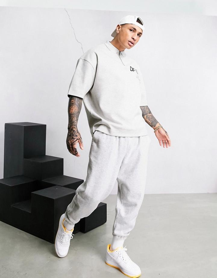 Asos Dark Future Oversized Quarter Zip Polo Shirt With Chest Logo Print In Gray Heather Scuba Jersey-grey