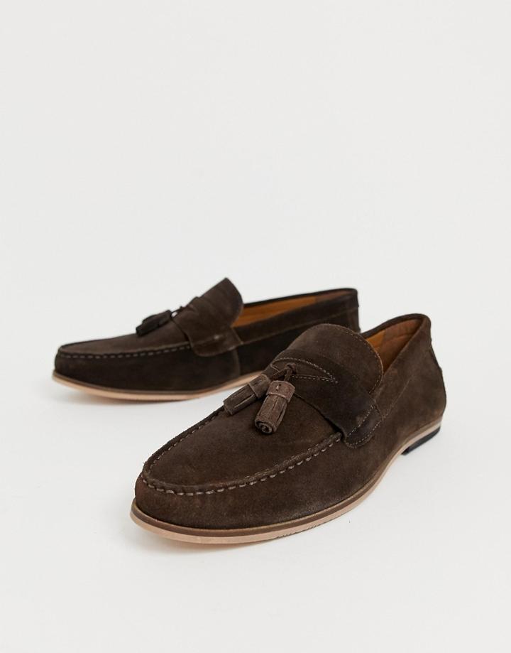 Moss London Tassel Loafer In Brown Suede - Black