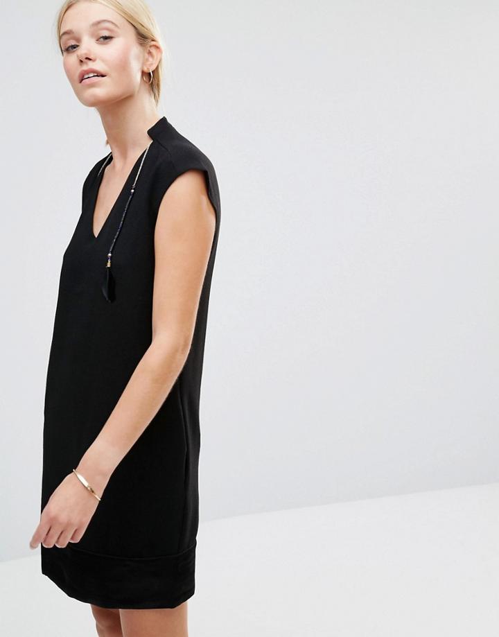 See U Soon Shift Dress With Contrast Hem And Feather Detail - Black
