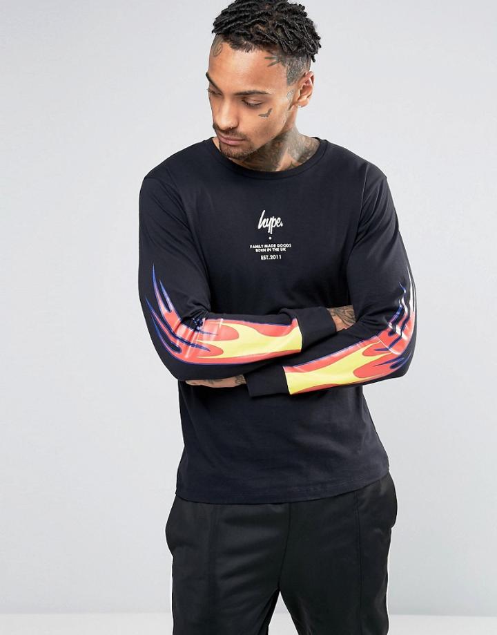 Hype Long Sleeve T-shirt With Fire Sleeve Print - Black