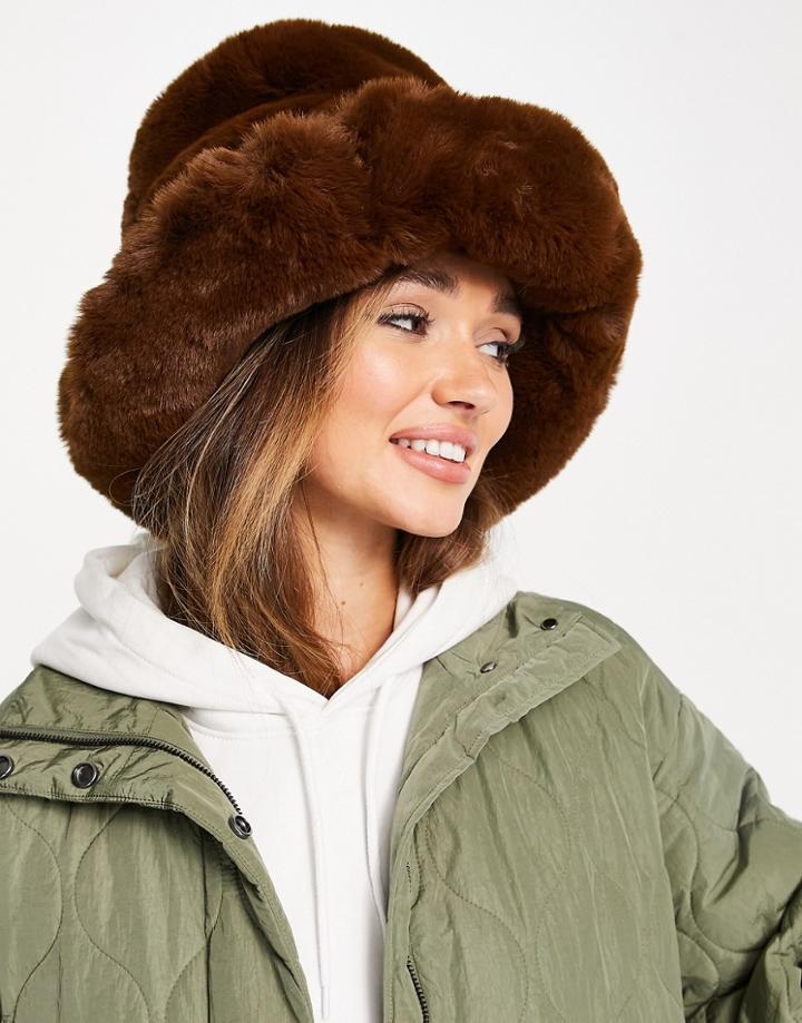 Asos Design Oversized Faux Fur Bucket Hat In Tobacco-brown