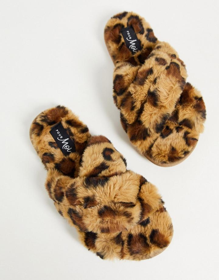 Pour Moi Faux Fur Crossover Slider Slipper In Natural Leopard-multi