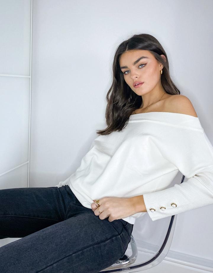 River Island Off Shoulder Button Detail Sweater In Ivory-white