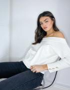 River Island Off Shoulder Button Detail Sweater In Ivory-white