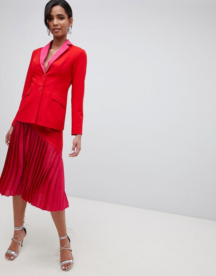 Little Mistress Contrast Pleated Midi Skirt In Pomegranate - Red