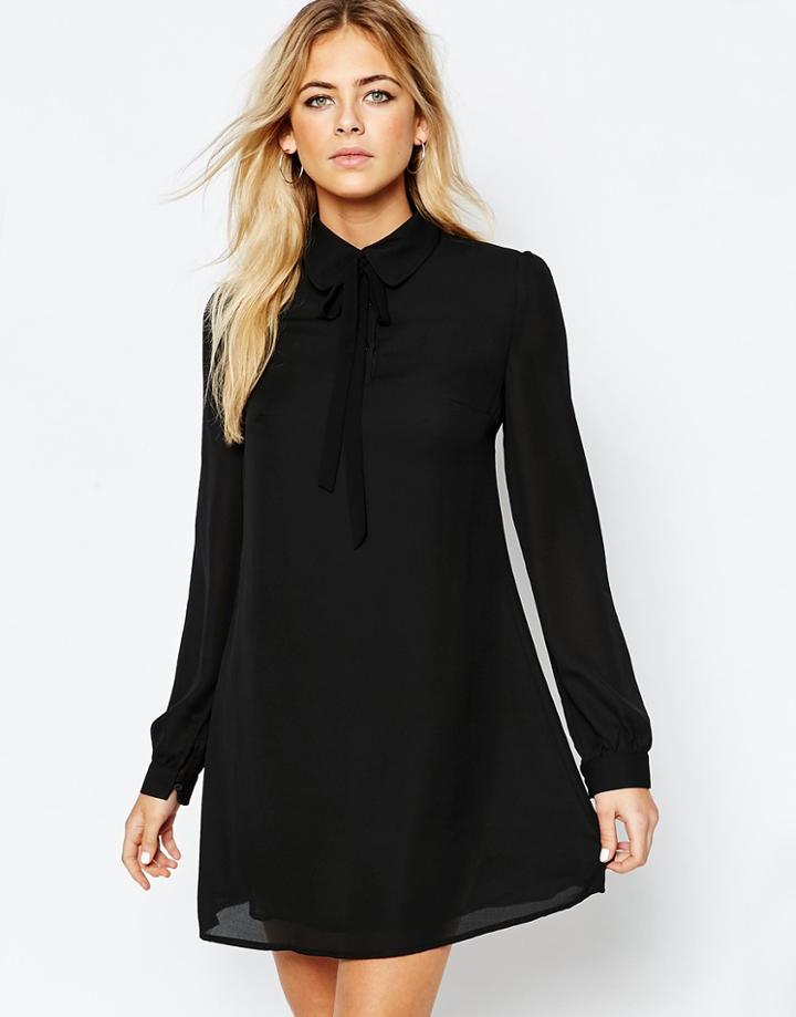 Fashion Union Shirt Dress With Tie Neck - Black